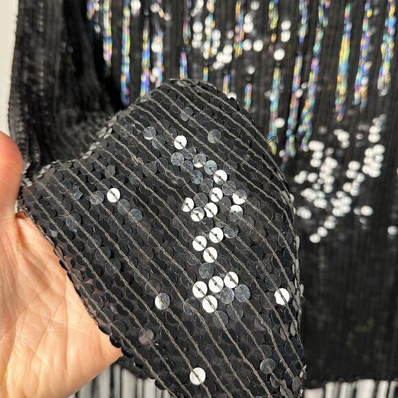 Vintage Swee Lo Black Sequins Beaded Fringe 100% Silk Blouse Women's Medium - Picture 5 of 8